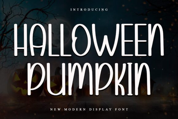 Halloween Pumpkin font with tall white hand-lettered letters displayed over a dark background featuring glowing jack-o-lanterns and a spooky forest scene.