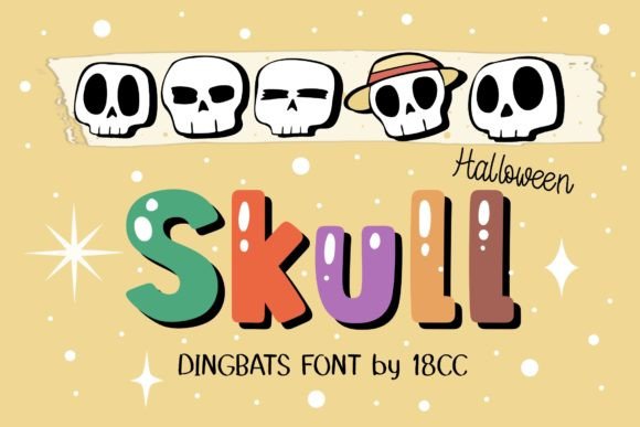 Halloween Skull Dingbat Font displaying rows of hand-drawn skulls forming an alphabet on a yellow background with the words &ldquo;Alphabet & Number&rdquo; above.