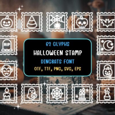 Halloween Stamp Dingbat Font showing white Halloween icon illustrations inside postage stamp borders on a dark, moody background with pumpkins and candles.