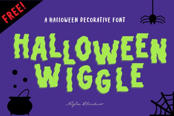 Halloween Wiggle font with bright green wavy letters on a purple background, surrounded by Halloween graphics including a spiderweb, cauldron, and hanging spider.