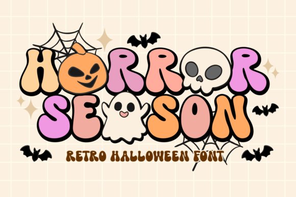 Horror Season retro Halloween font with pink, orange, and cream bubble letters featuring pumpkin, ghost, and skull accents, displayed with bats and spiderwebs on a beige grid background.