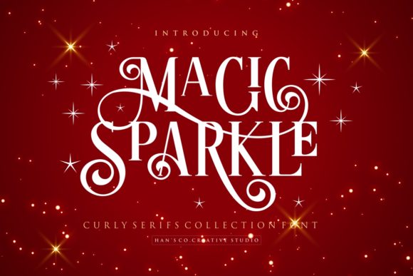 Magic Sparkle font shown in elegant white lettering with ornate curls on a red glittering background filled with glowing stars.