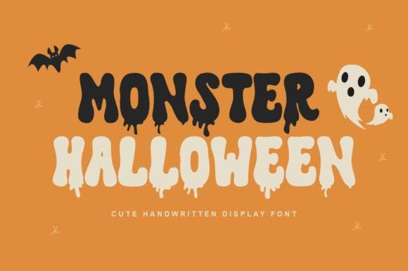 Monster Halloween font featuring bold drippy letters in black and cream with ghosts and a bat on an orange background.