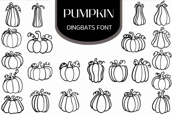 Pumpkin Dingbat Font showing rows of outlined pumpkin and gourd illustrations on a white background with the title &ldquo;Pumpkin Dingbats Font.&rdquo;
