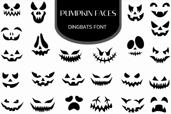 Pumpkin Faces Dingbat Font featuring rows of black jack-o&rsquo;-lantern face silhouettes on a white background with the title &ldquo;Pumpkin Faces Dingbats Font.&rdquo;