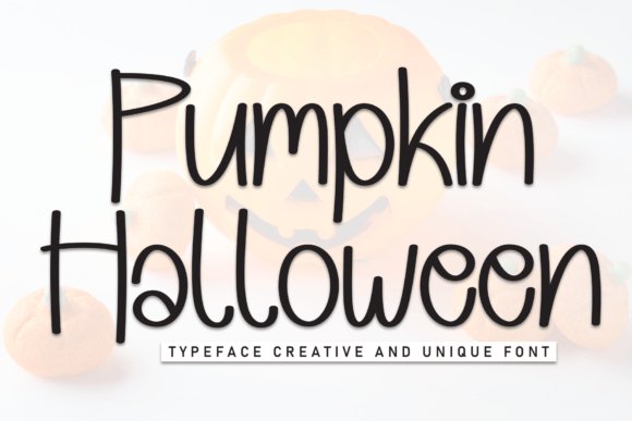 Pumpkin Halloween handwritten font with tall black letters displayed on a soft background featuring pumpkins and a glowing jack-o-lantern.