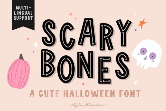 Scary Bones font preview with outlined black letters featuring bone-inspired details on a peach background with small stars, a pink pumpkin, and a white skull illustration.