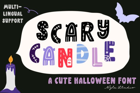 Scary Candle font in colorful, playful Halloween letters featuring stitched, webbed, and drippy designs on a dark background with a white speech bubble and candle illustration.