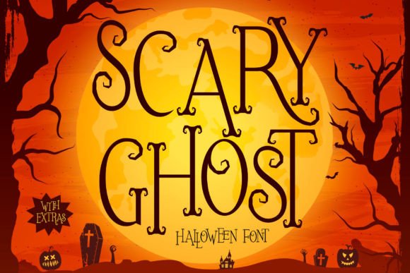 Scary Ghost Halloween font displayed in whimsical gothic lettering with curled ends, set against an orange full moon and spooky graveyard background.
