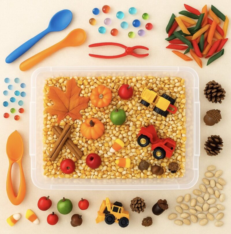 A flat lay photo of a fall-themed sensory bin filled with popcorn kernels, mini pumpkins, apples, candy corn, cinnamon sticks, and toy trucks. Surrounding the bin are colorful scoops, tweezers, rainbow pasta, water beads, pinecones, acorns, and beans, all arranged neatly on a beige background in warm autumn tones.