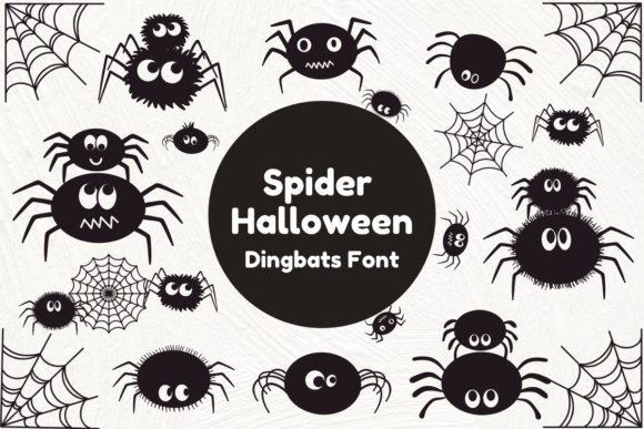Spider Halloween Dingbat Font showing various cartoon-style black spider and web illustrations on a white textured background with the title &ldquo;Spider Halloween Dingbats Font.&rdquo;