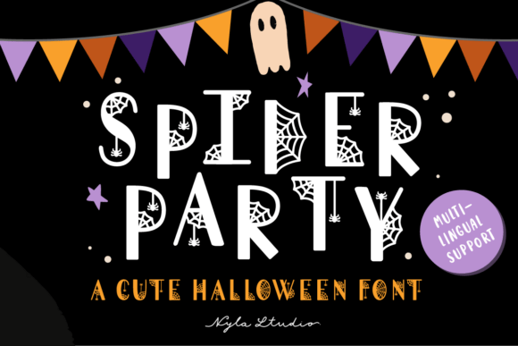 Spider Party font with white letters featuring spiderweb details, displayed on a black background with orange and purple bunting, a ghost illustration, and the text &ldquo;A Cute Halloween Font.&rdquo;
