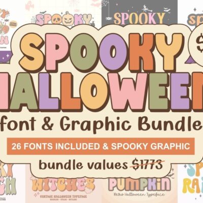 Spooky Halloween Font & Graphic Bundle preview showing pastel-colored fonts with Halloween graphics and the text &ldquo;26 fonts included&rdquo; on a cream and orange background.