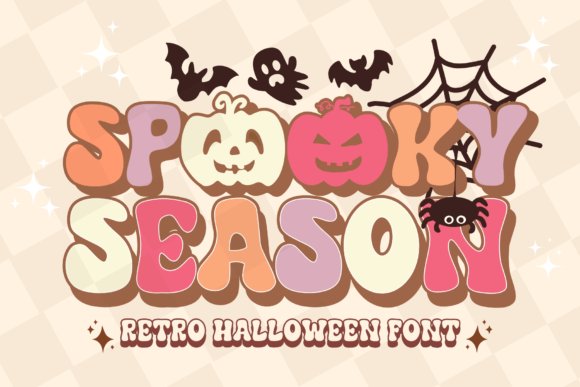 Spooky Season font preview with rounded pastel letters in orange, pink, and cream tones decorated with pumpkins, ghosts, bats, and a spider on a checkered beige background.