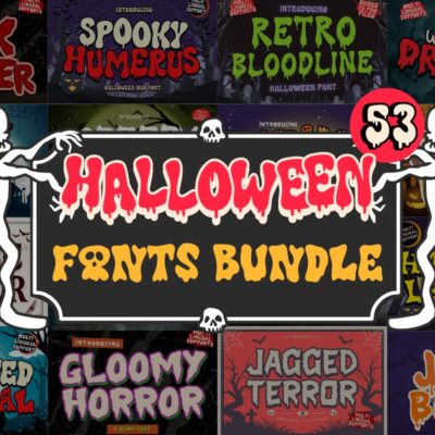 Halloween-themed font collage with skeletons and zombies surrounding text reading &ldquo;53 Halloween Fonts Bundle&rdquo; in red, yellow, and black.