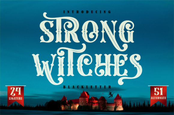 Strong Witches font preview featuring ornate vintage lettering in cream over a dark blue background with a castle silhouette below.