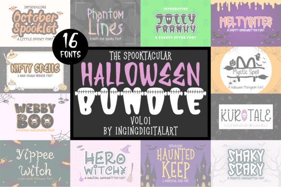 Pastel Halloween font collage reading &ldquo;The Spooktacular Halloween Bundle Vol. 1&rdquo; with cute and whimsical designs in pink, purple, and orange.