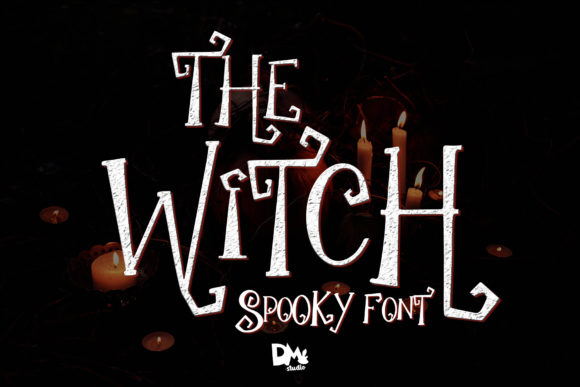 The Witch font displayed in textured white lettering with red edges on a dark background surrounded by lit candles.