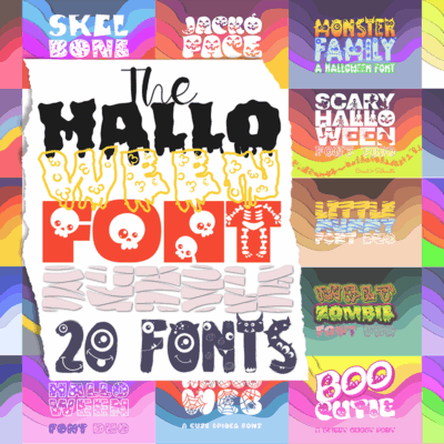 Vibrant retro Halloween collage with multicolor wave backgrounds and bold fonts reading &ldquo;The Halloween Vibes Font Bundle &ndash; 20 Fonts.&rdquo;