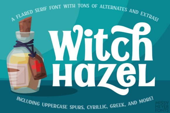 Witch Hazel font in white lettering on a teal background, paired with a potion bottle illustration and the tagline about alternates and extras.