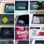 Collage of twelve free car decal SVG cut files displayed on various car windows, shown under a pink header that reads “12 Free Car Decal SVG Cut Files” with playful and humorous decal designs.