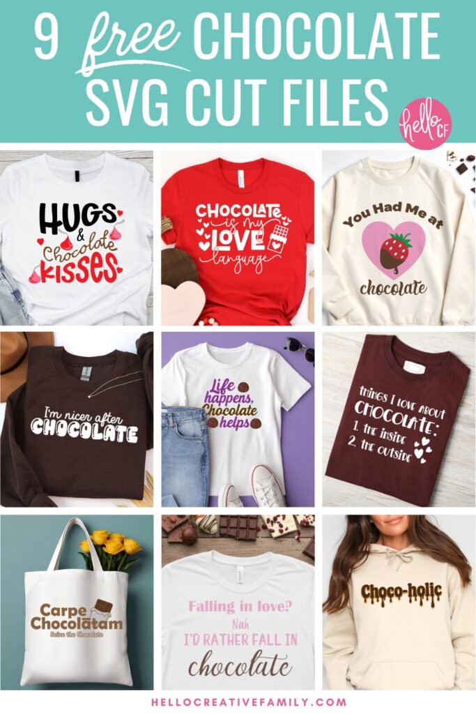 Teal banner graphic showcasing nine chocolate-themed SVG designs on shirts and a tote bag with the text “9 Free Chocolate SVG Cut Files.”