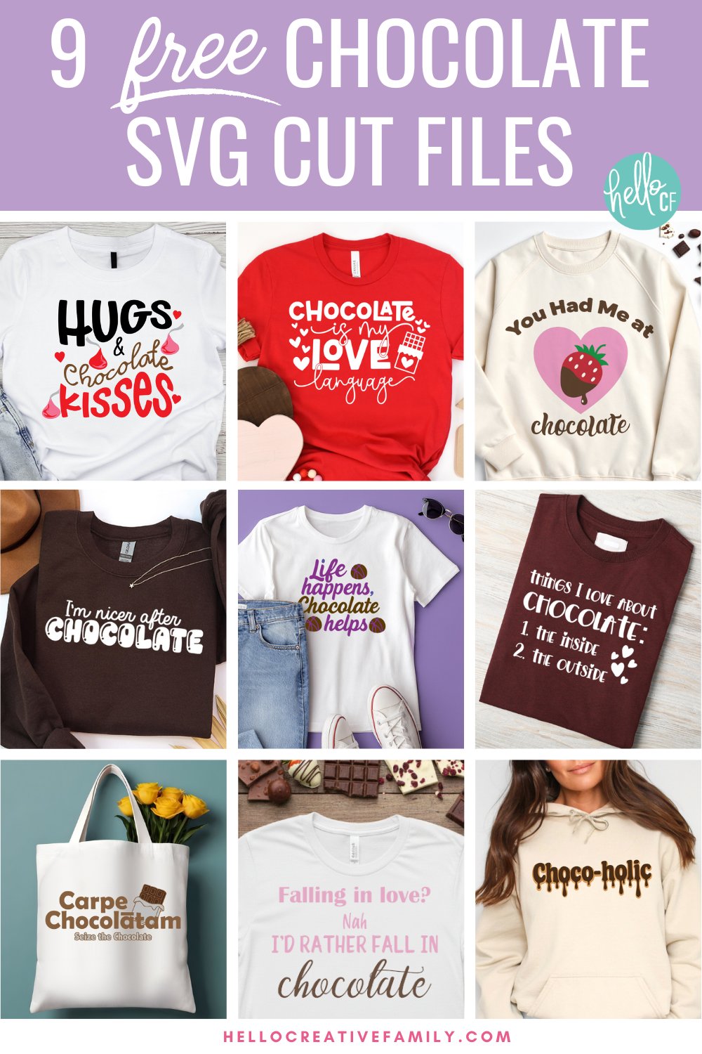 Lavender banner graphic displaying nine chocolate SVG cut file mockups with the text “9 Free Chocolate SVG Cut Files” and Hello Creative Family logo.