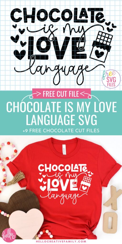 Teal promotional graphic for the free “Chocolate Is My Love Language” SVG cut file featuring playful typography and chocolate-themed icons.