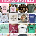 Collage of 16 free craft-themed SVG files featuring Cricut projects like crafting shirts, tote bags, craft room signs, and handmade decor ideas.