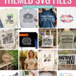 Collage of 14 free gardening SVG files for Cricut including garden quote shirts, tote bags, plant markers, and signs with pink header reading “14 Free Garden Themed SVG Files.”