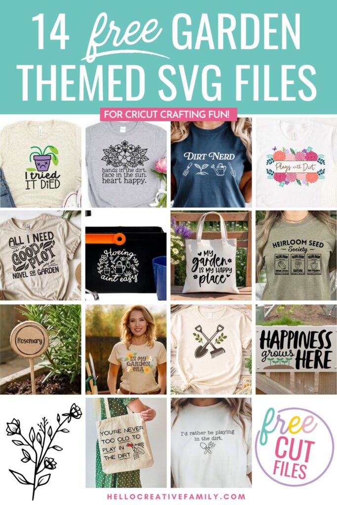Collection of 14 free garden themed SVG files featuring gardening shirts, tote bags, signs, and plant designs with teal header promoting Cricut crafting fun.