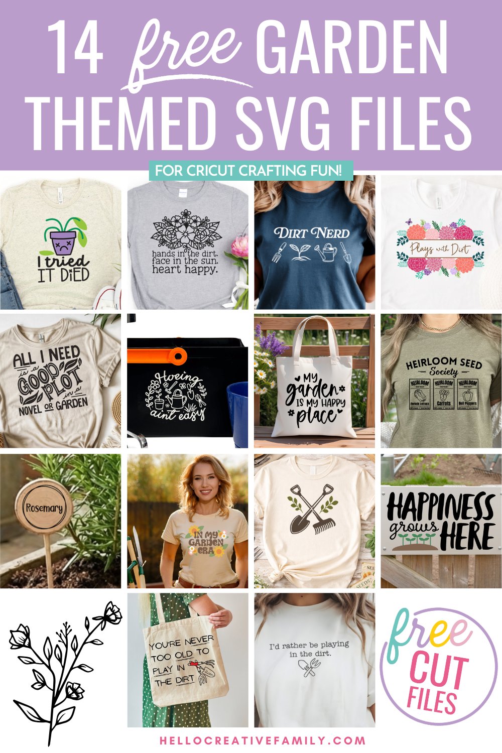 Grid collage showcasing 14 free gardening SVG files including plant quotes, floral designs, garden tote bags, and DIY Cricut shirt ideas with purple banner header.