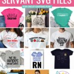 Grid collage of 11 free public servant SVG files for Cricut including a floral nurse shirt, librarian tote bag, everyday heroes shirt, and more with pink banner header reading "11 Free Public Servant SVG Files."