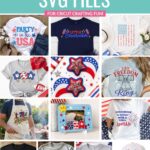 Grid collage of 13 free patriotic SVG files for Cricut including a Little Firecracker kids shirt, Party in the USA shirt, floral flag shirt, USA popsicles shirt, patriotic party favors, Let Freedom Ring shirt, 1776% American apron, USA frame, everything is better with a little sparkle shirt, freedom sunglasses shirt, starburst shirt, American shirt, and fireworks director hat with teal banner header.