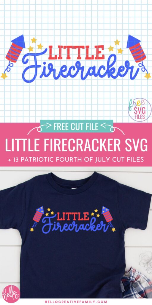 Two-panel Pinterest graphic showing the Little Firecracker SVG cut file design on a grid background with firework rockets and gold stars, and a navy kids t-shirt featuring the Little Firecracker design in red, white, blue, and gold styled with plaid shorts on a white shiplap background, with pink banner reading "Free Cut File - Little Firecracker SVG + 13 Patriotic Fourth of July Cut Files."