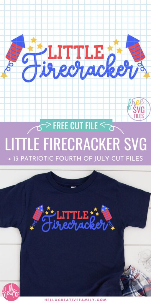Two-panel Pinterest graphic showing the Little Firecracker SVG cut file design on a grid background with firework rockets and gold stars, and a navy kids t-shirt featuring the Little Firecracker design in red, white, blue, and gold styled with plaid shorts on a white shiplap background, with purple banner reading "Free Cut File - Little Firecracker SVG + 13 Patriotic Fourth of July Cut Files."